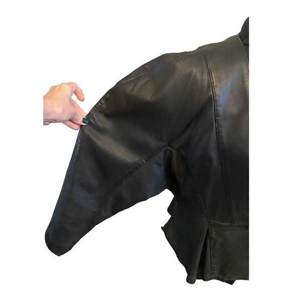 AVANT GARDE 80S BLACK LEATHER POWER SHOULDER PEPLUM JACKET LARGE - Picture 4 of 12